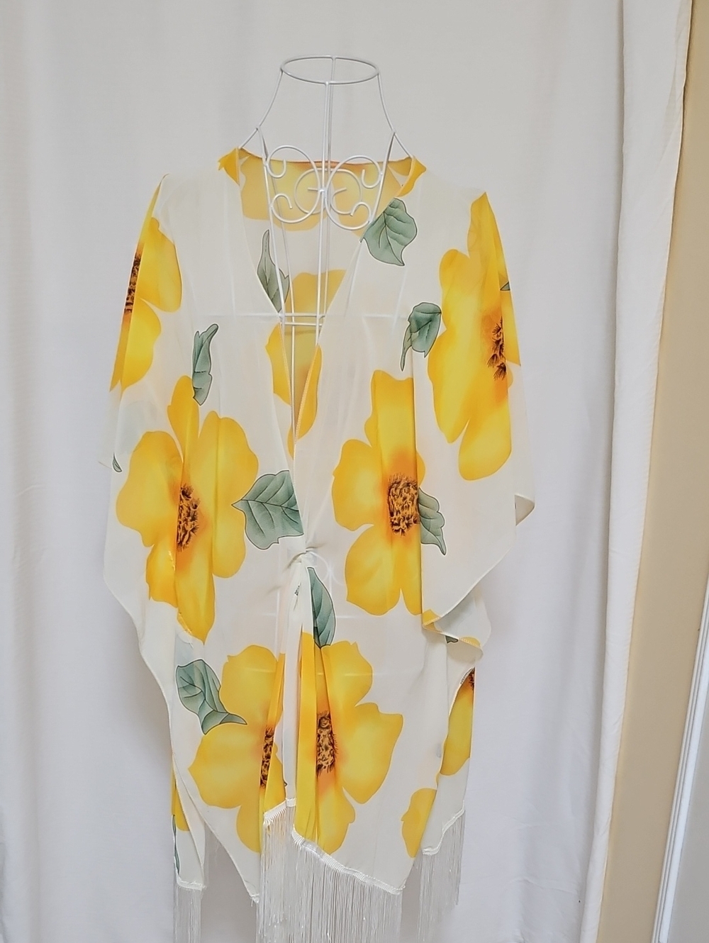 One Sz Fits All. Sheer Floral Kimono Cover-Up with Fringe - Yellow Flower Print.